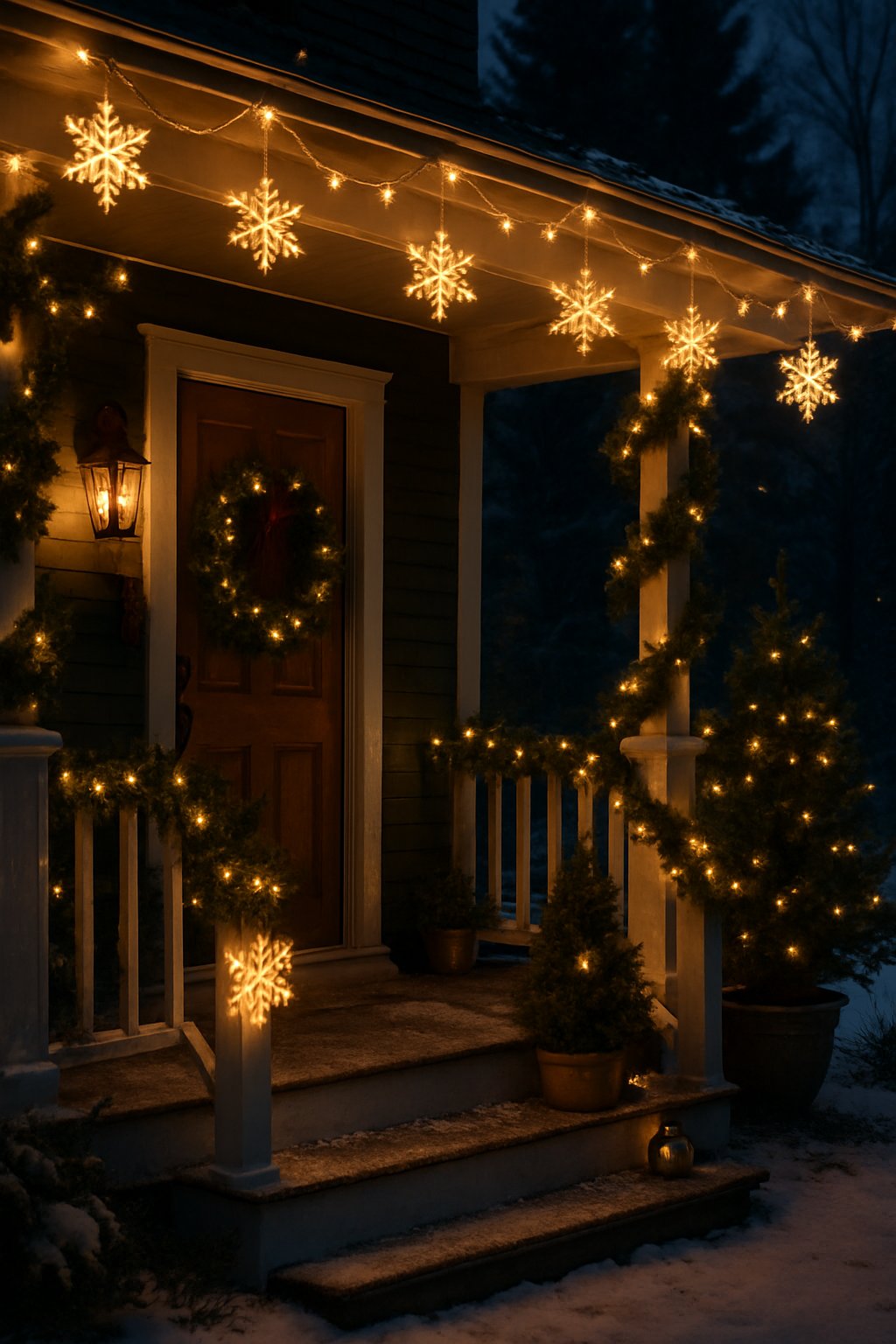 Front porch decorated with snowflake-shaped string lights and Christmas decorations at dusk.