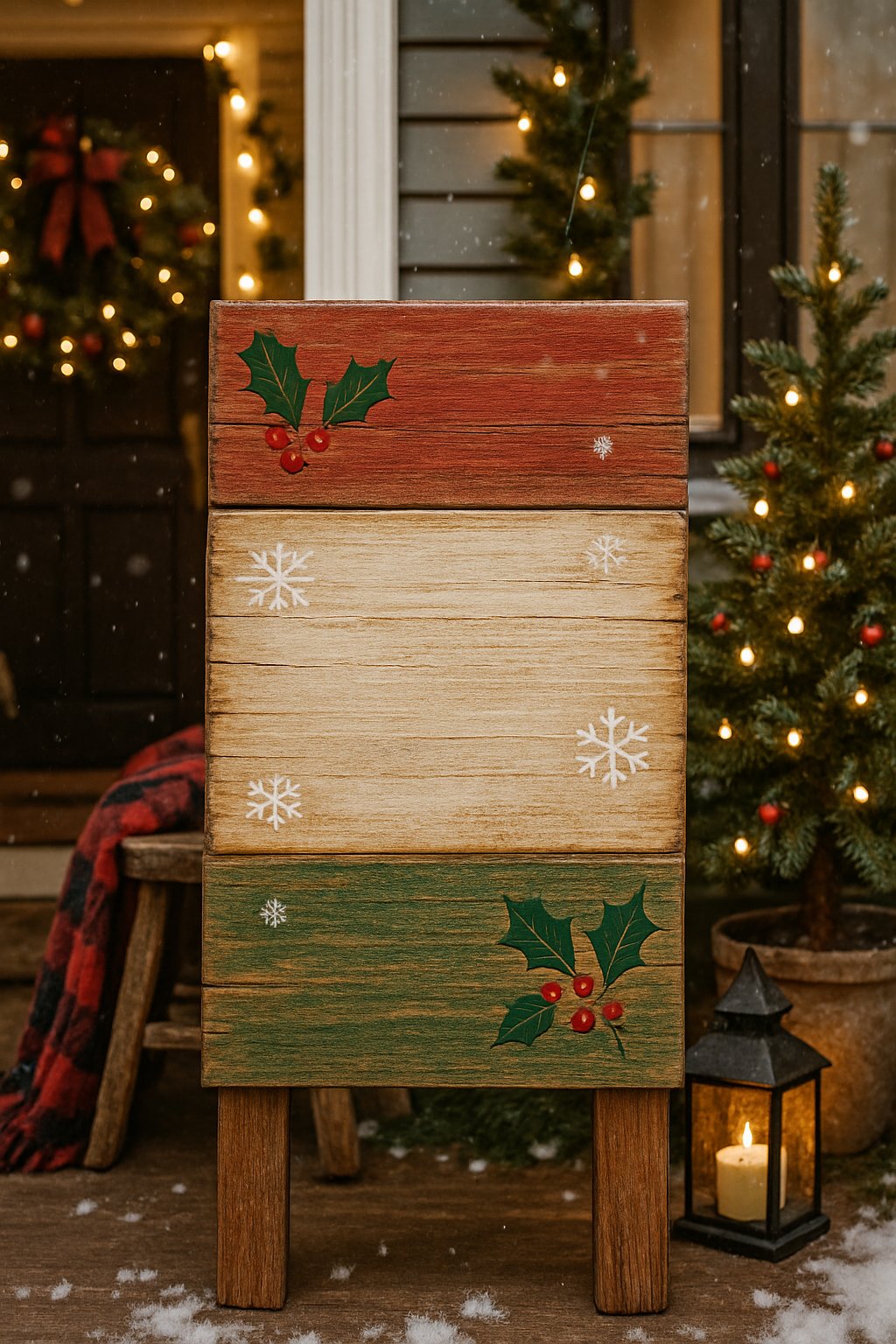 A wooden Christmas sign on a decorated porch with holiday greenery, lights, and festive decorations.