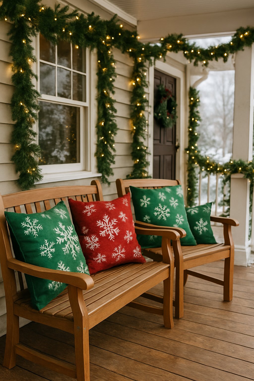 Front porch with red and green cushions featuring snowflake patterns arranged on wooden seating, decorated for Christmas.