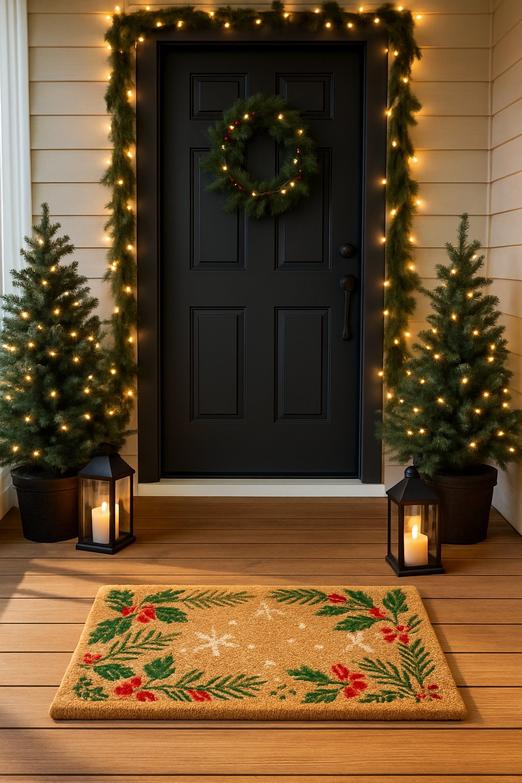 A front porch decorated with a festive Christmas doormat, evergreen wreath on the door, string lights, and lanterns with candles.