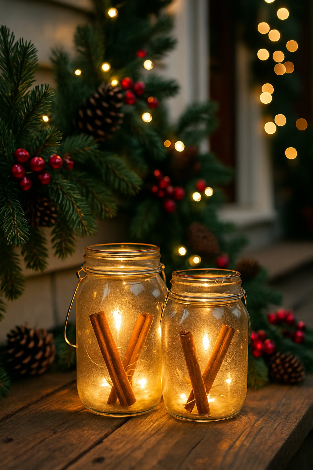 Glowing mason jar lanterns with cinnamon sticks inside arranged on a decorated porch for Christmas.