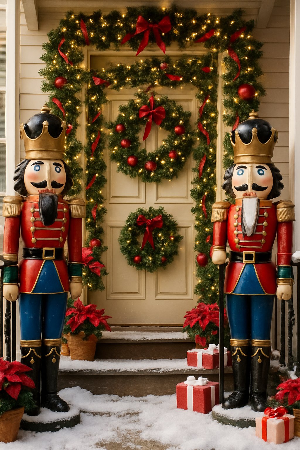 Two large nutcracker statues standing on either side of a decorated front porch entrance with Christmas garlands, lights, and holiday ornaments.