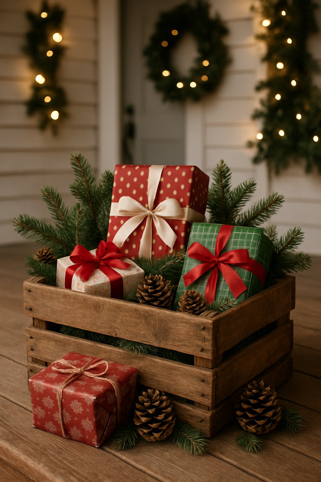 Wooden crate on a porch filled with wrapped Christmas gift boxes and pine branches.