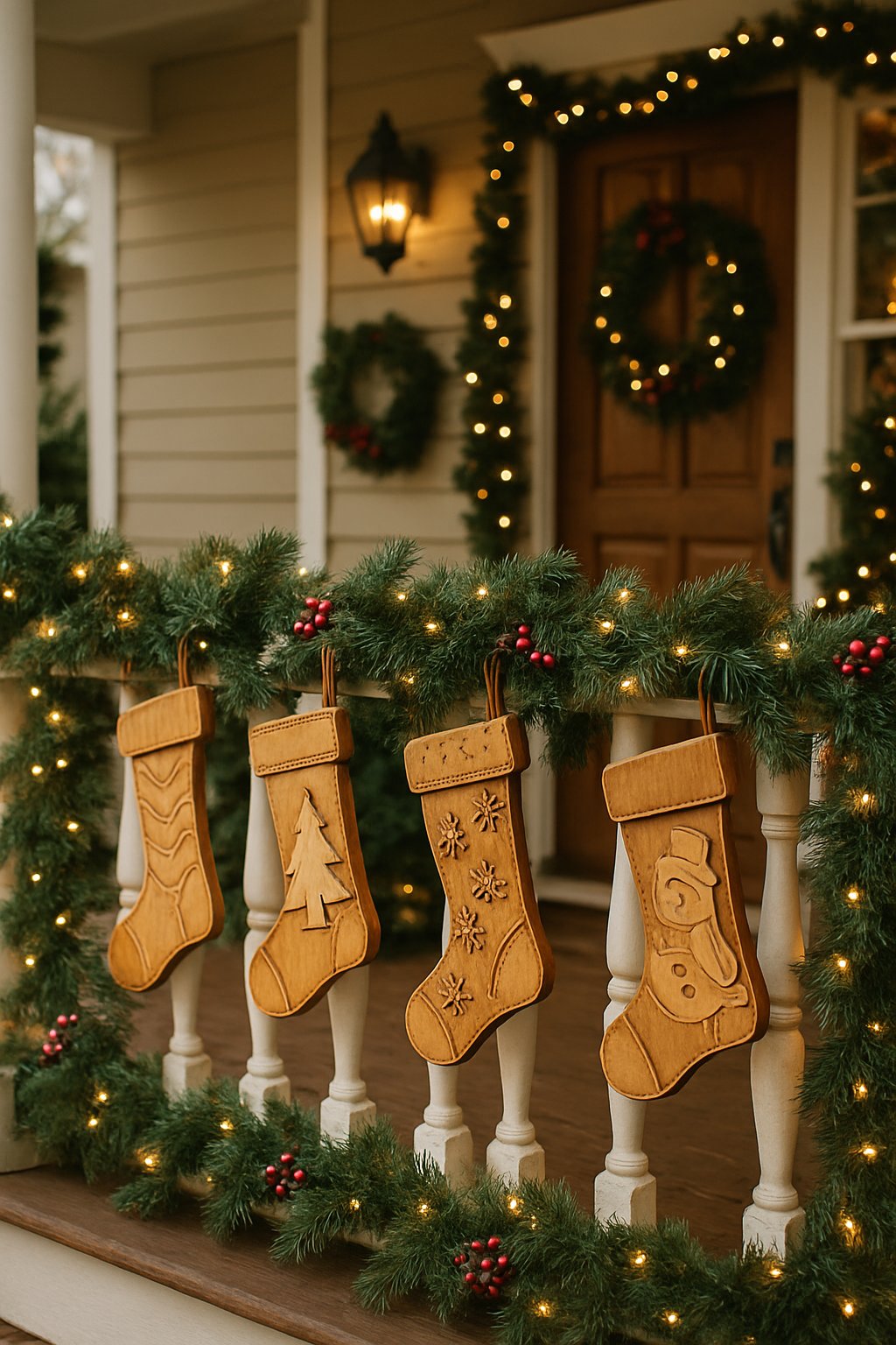Wooden Christmas stockings hanging on a porch railing decorated with pine garlands and lights.