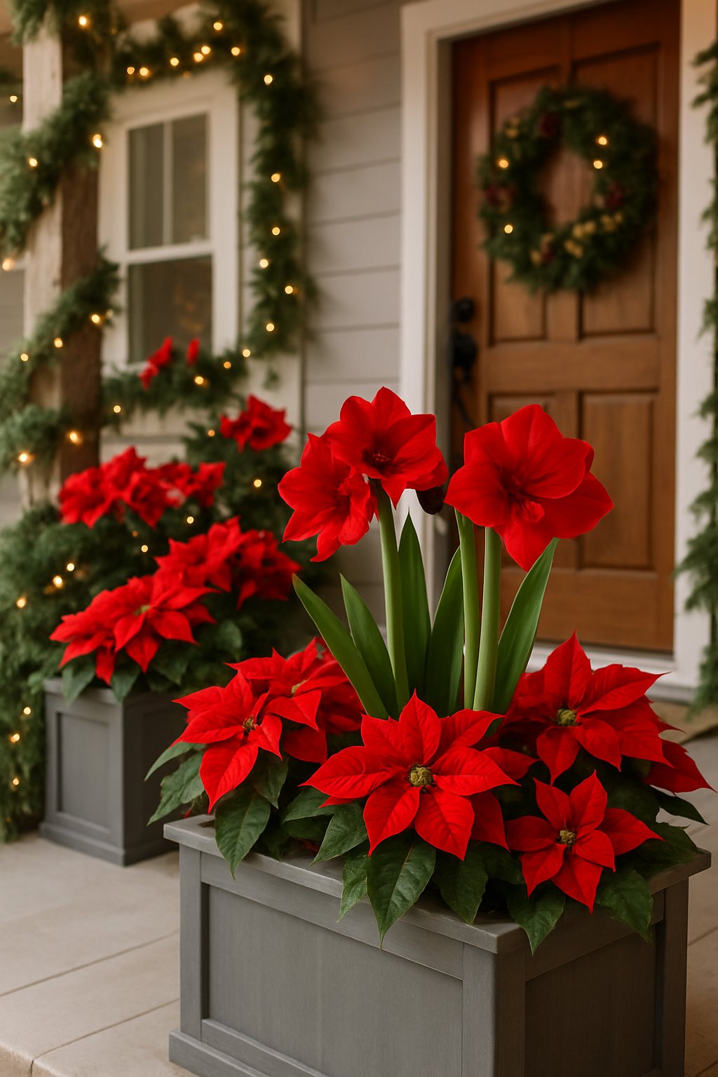 Front porch decorated with planter boxes filled with red amaryllis and poinsettias for Christmas.