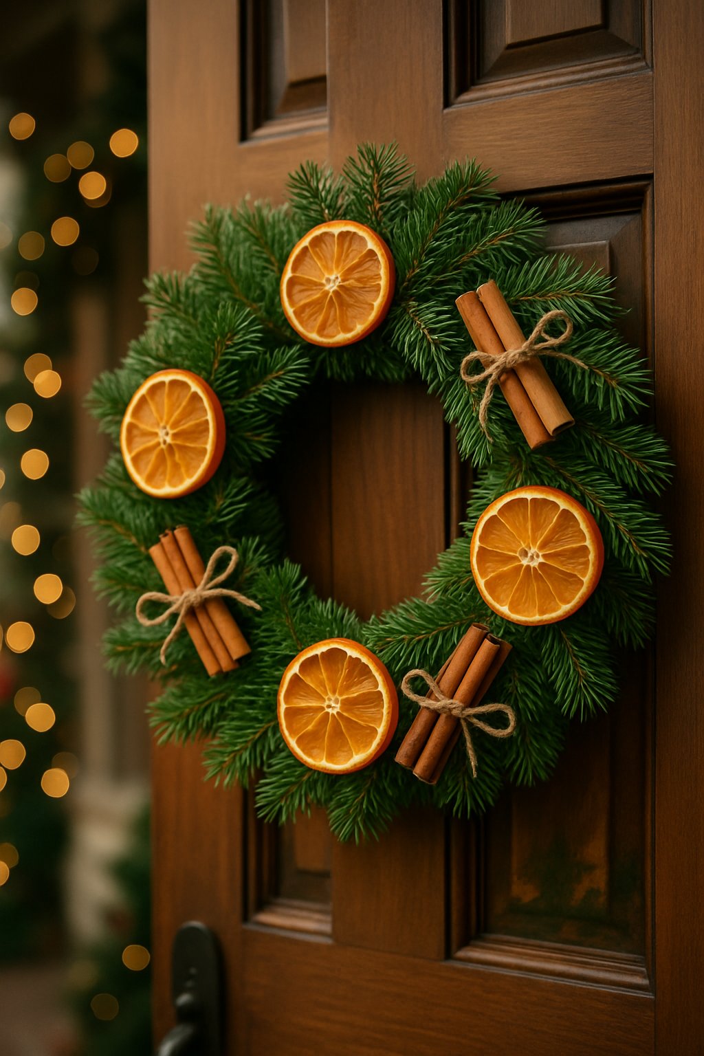 A pine wreath decorated with dried orange slices and cinnamon sticks hanging on a wooden porch door.