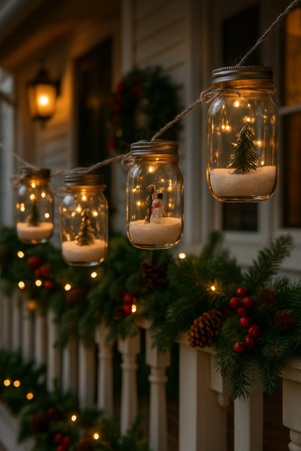 A front porch decorated with a garland of mason jars filled with artificial snow and miniature winter scenes, lit by flickering fairy lights.