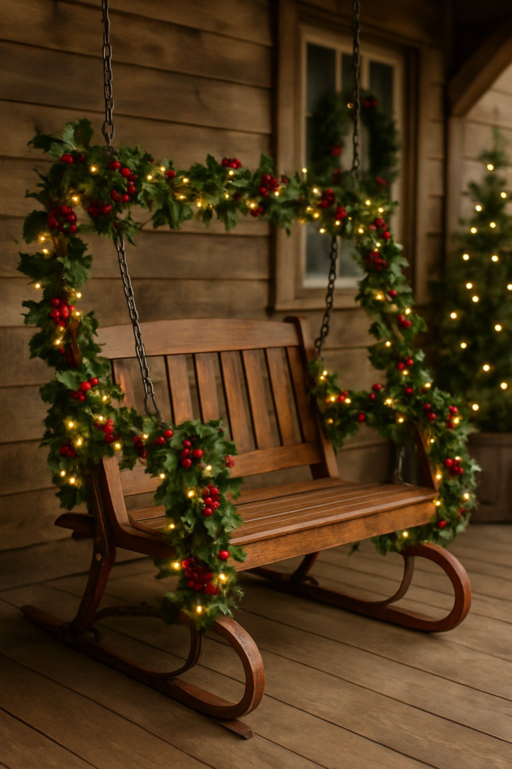 An old-fashioned sled runner porch swing decorated with holly and twinkle lights on a front porch.