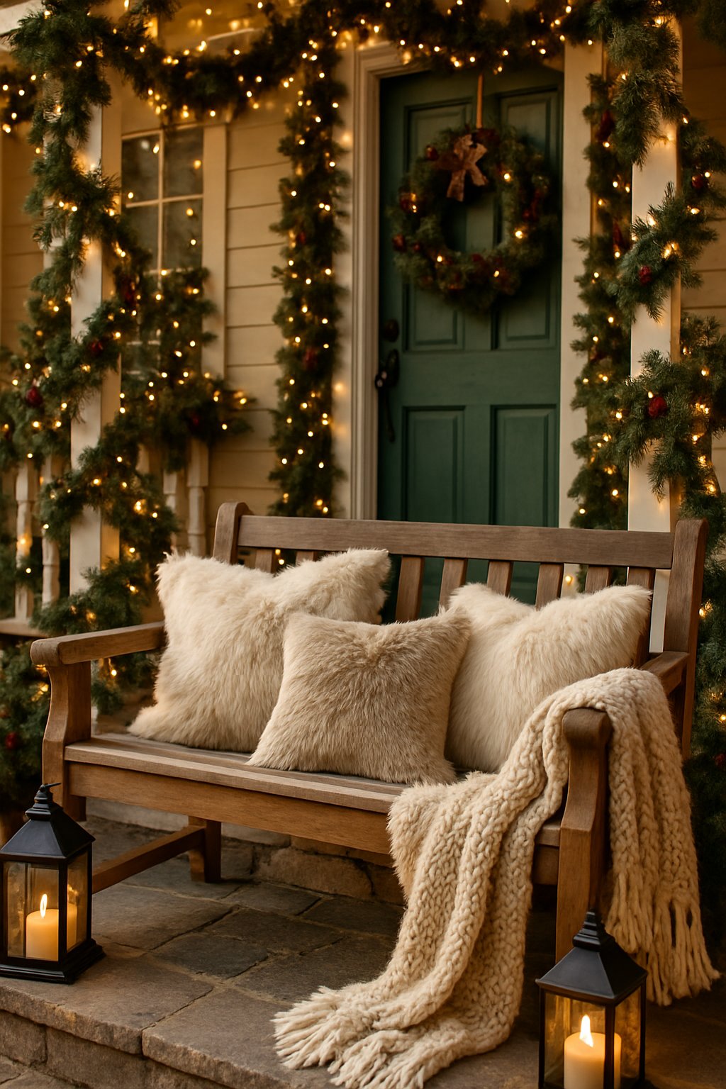 A Christmas porch decorated with faux fur pillows on a wooden bench, surrounded by holiday garlands, lanterns, and a wreath on the door.
