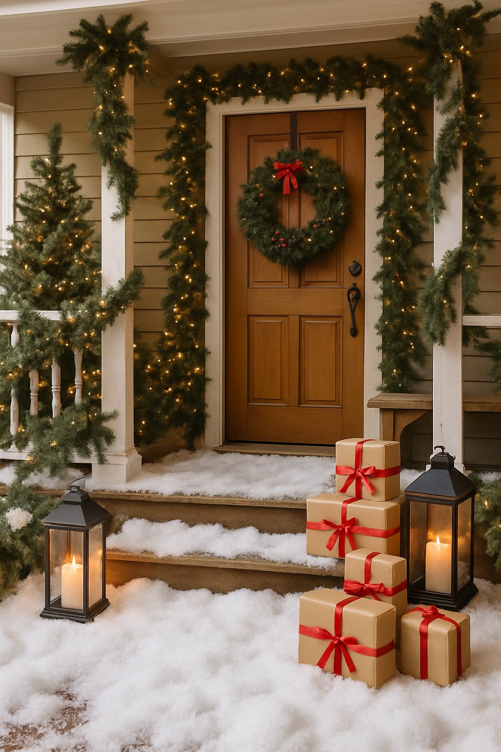Front porch decorated for Christmas with fake snow on the doorstep, wreath on the door, string lights, pine garlands, lanterns, and wrapped gifts.