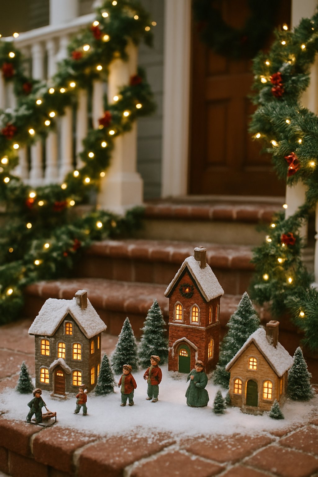 Miniature Christmas village with small houses, figurines, and decorated front porch steps with garlands and lights.