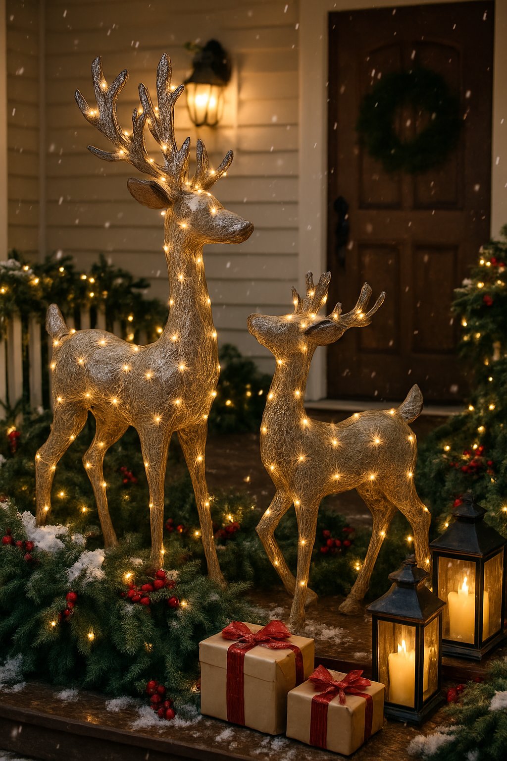 Outdoor porch decorated for Christmas with metal reindeer statues wrapped in fairy lights and holiday greenery.