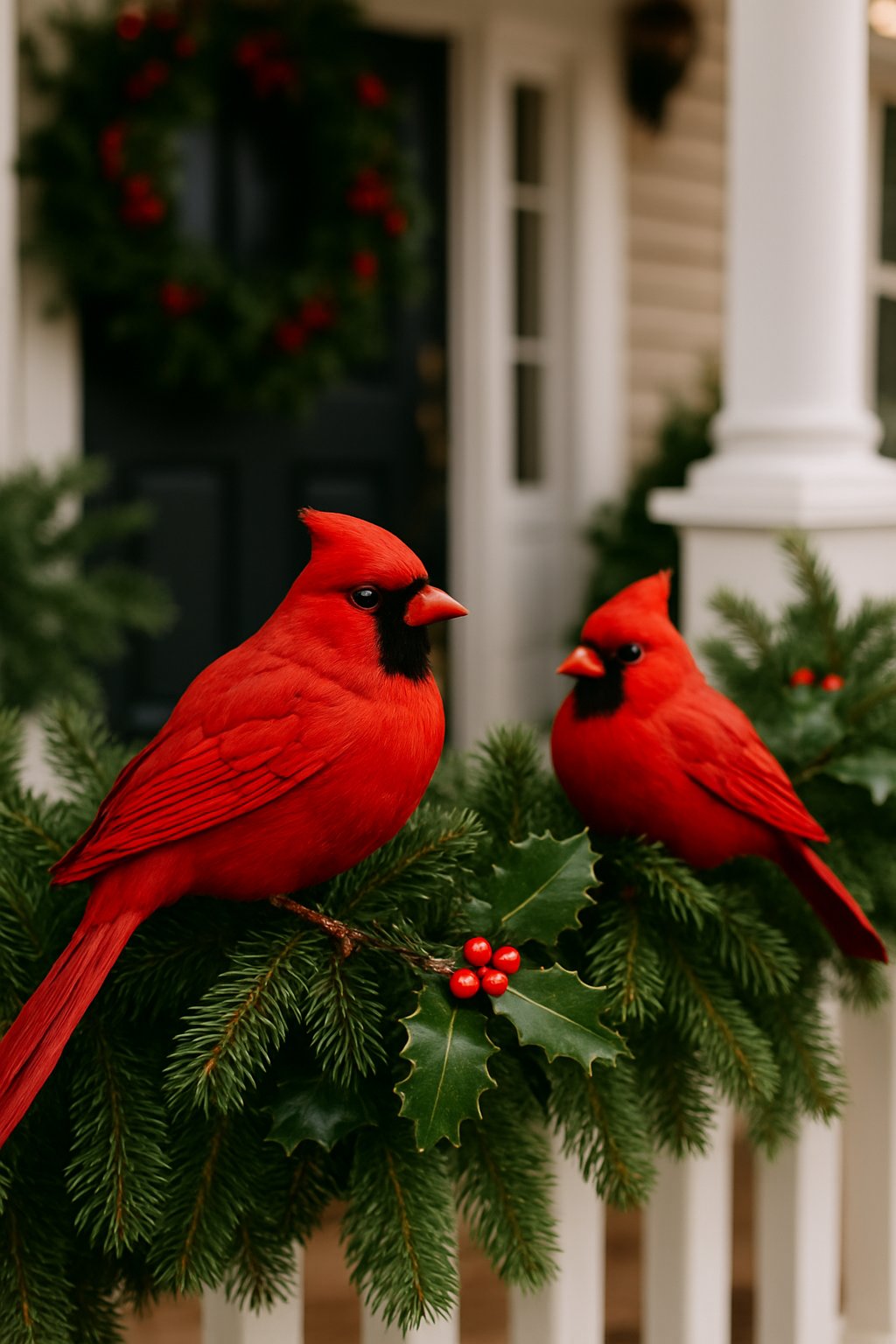 Red cardinal bird ornaments perched among green foliage on a decorated front porch for Christmas.