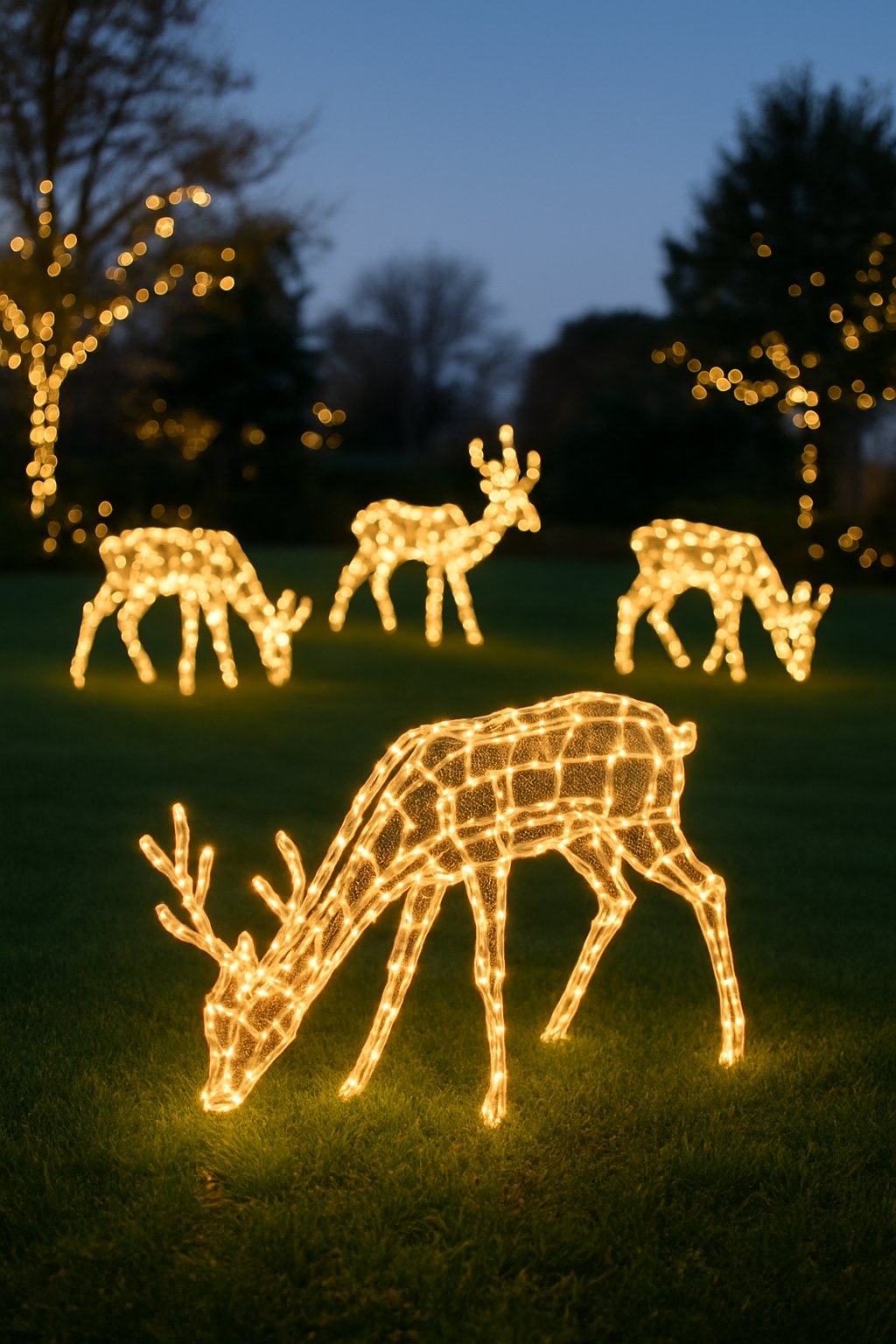 Light-up reindeer figures grazing on a lawn with Christmas lights in the background at dusk.