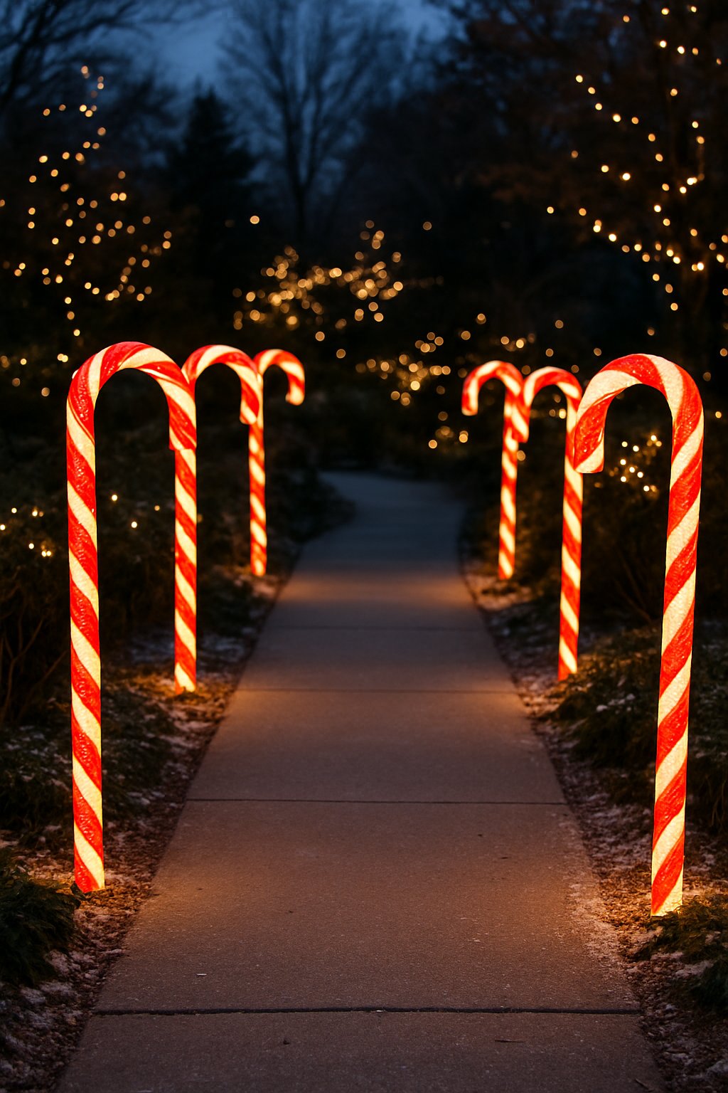 Outdoor walkway lined with large glowing candy cane lights and Christmas decorations at dusk.