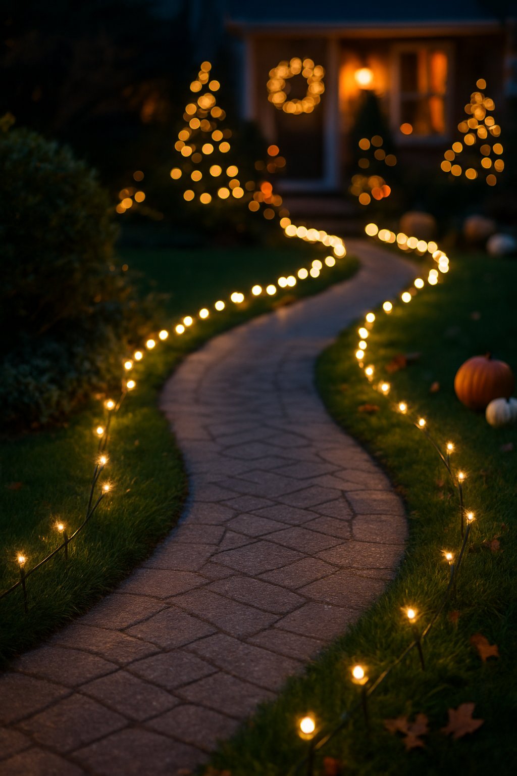 A garden path lined with white LED string lights glowing softly at dusk, surrounded by grass and subtle holiday decorations.