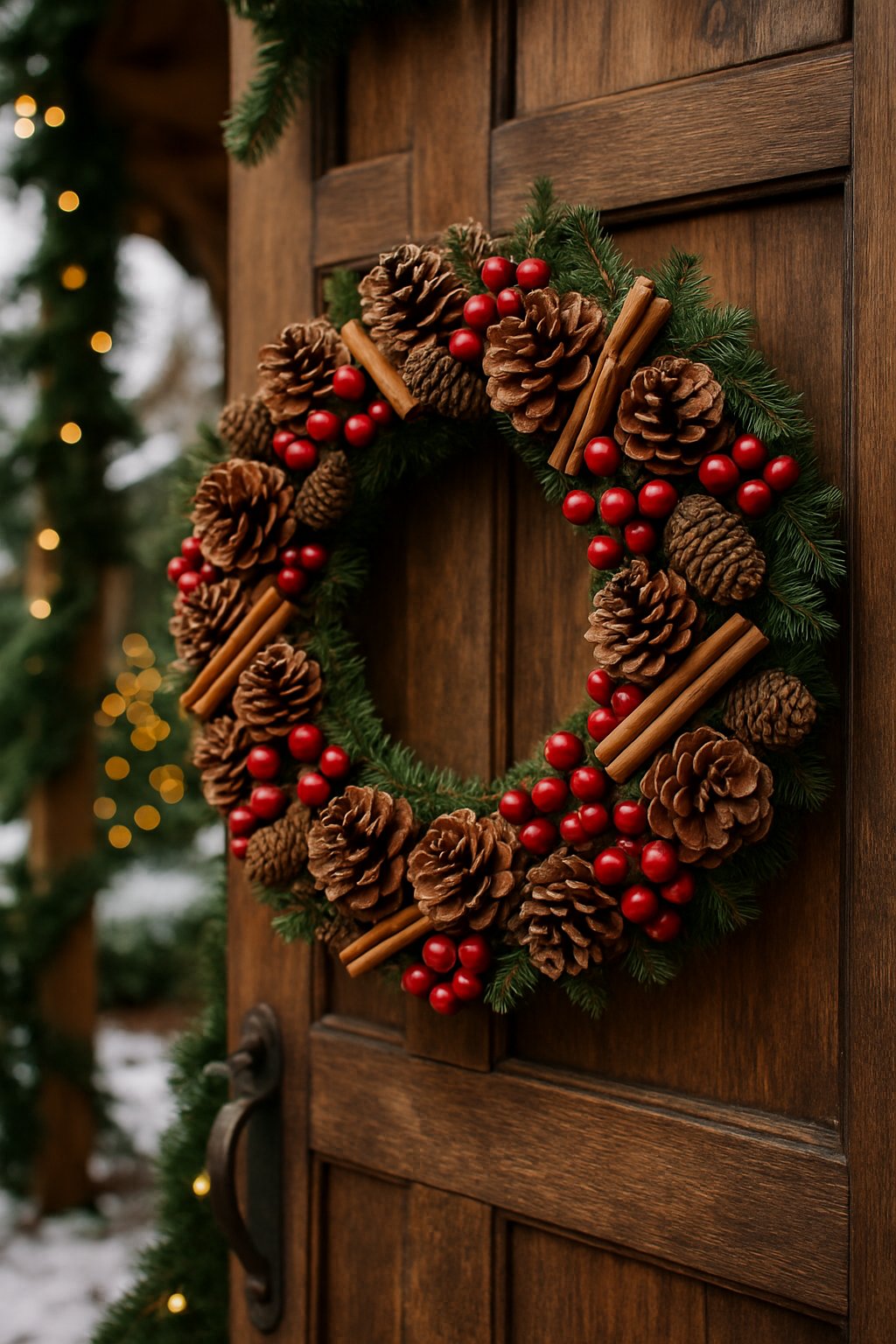 A Christmas wreath made of pinecones, cinnamon sticks, and red berries hanging on a wooden front door with a festive front yard in the background.