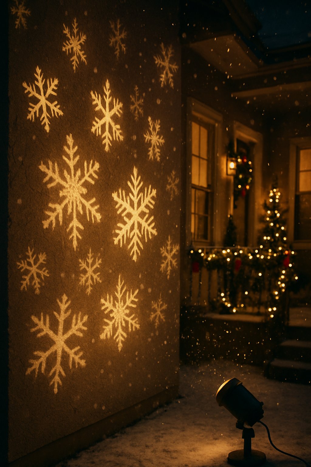 Outdoor scene with projection lights casting snowflake patterns on walls and gentle falling snow.