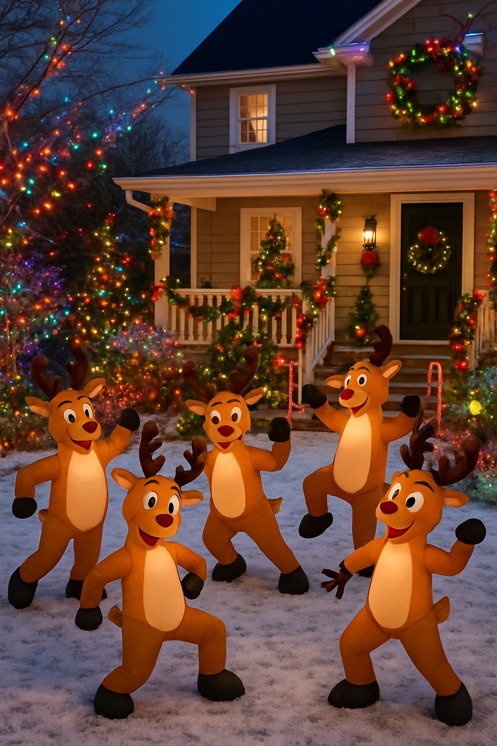 A front yard decorated with multiple life-size inflatable reindeer posed as if dancing, surrounded by Christmas lights and festive decorations.