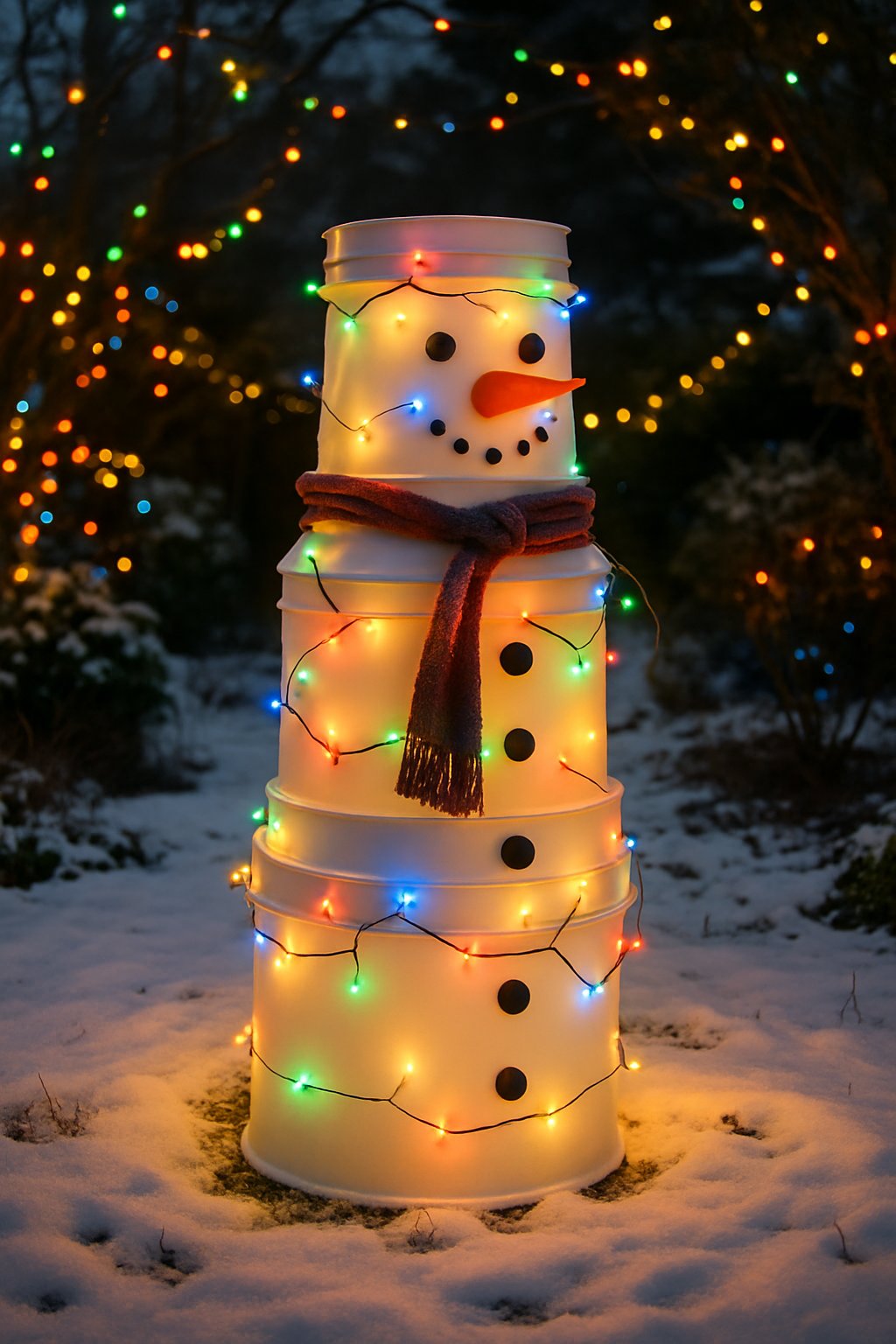 A DIY snowman made from stacked buckets wrapped in string lights in a snowy outdoor garden with Christmas lights on nearby trees.