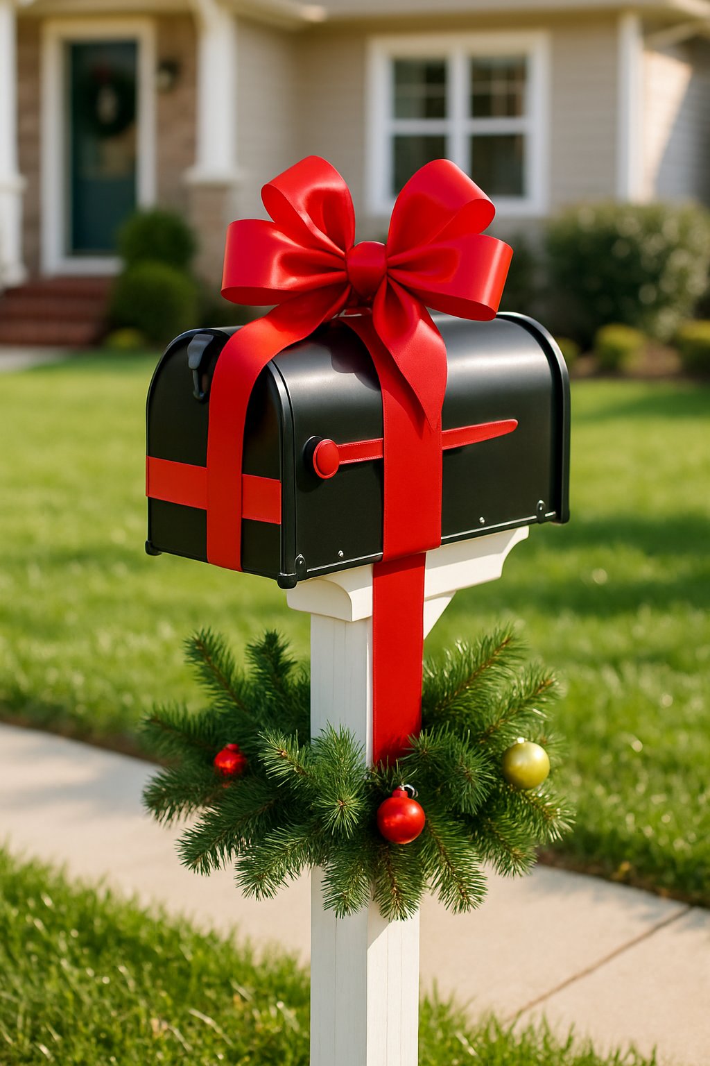 A mailbox in a front yard wrapped with a large red ribbon and decorated with a big festive bow.