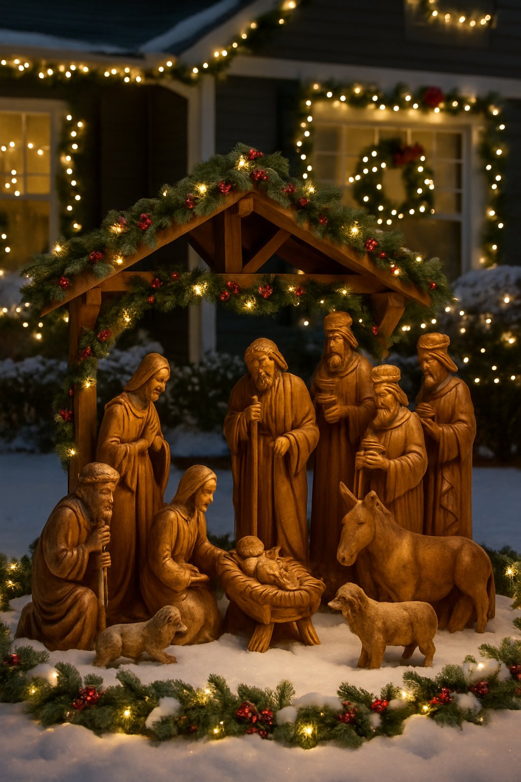 Carved wooden nativity scene displayed outdoors in a snowy front yard with Christmas decorations and lights.