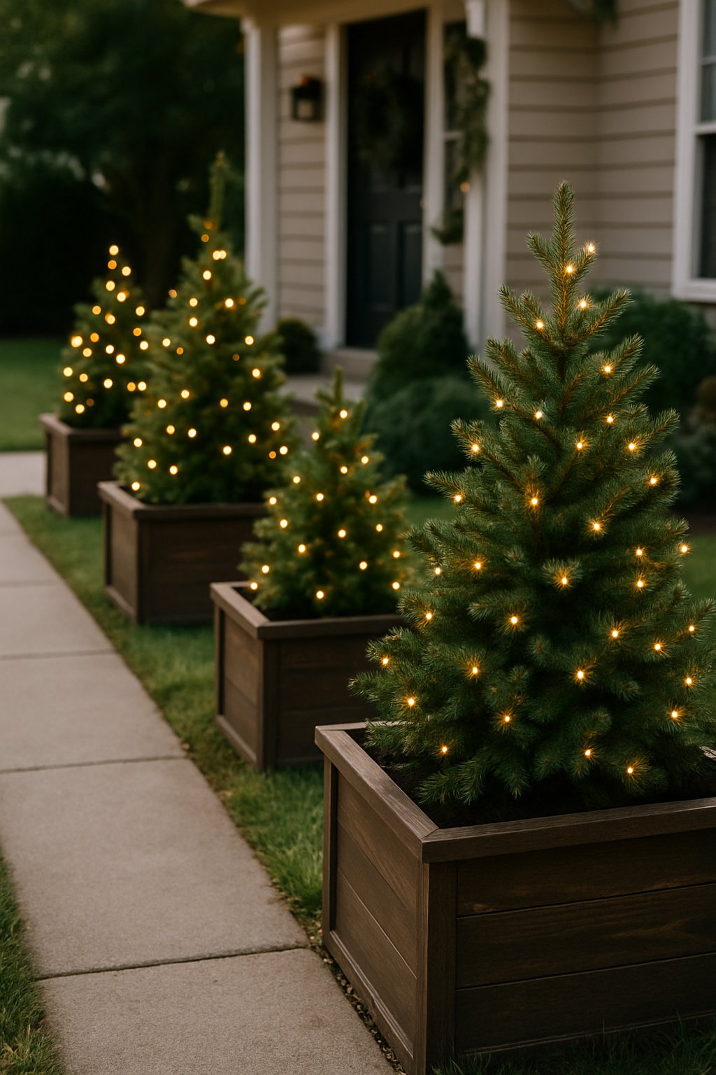 Miniature Christmas trees with fairy lights in planter boxes arranged in a front yard decorated for Christmas.