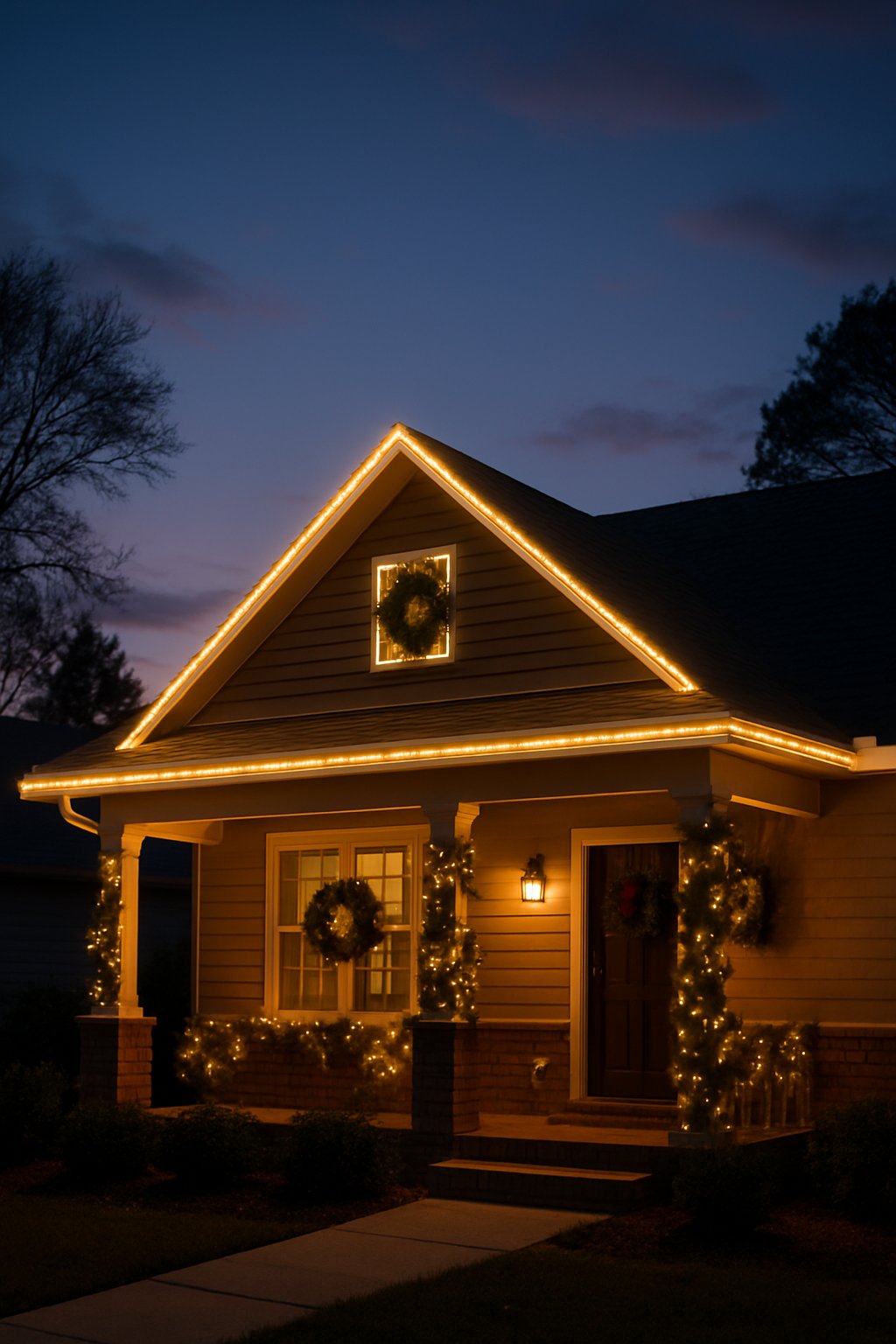 A house at dusk with LED rope lights outlining the roofline, glowing brightly as part of outdoor Christmas decorations.