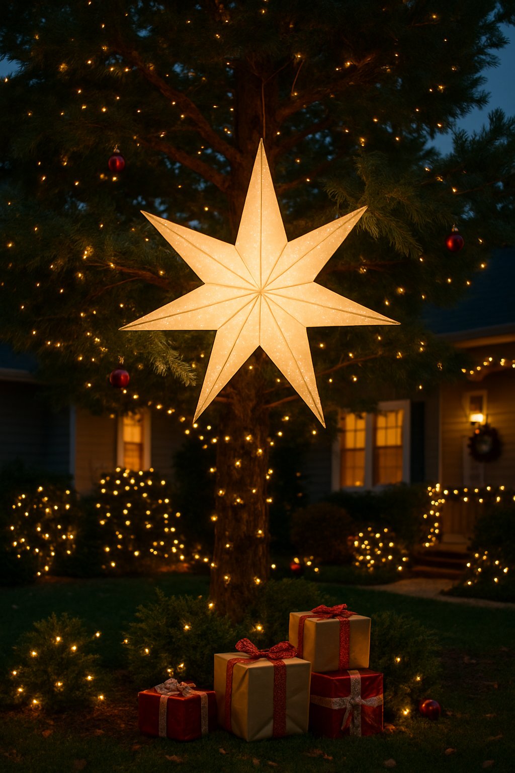 A large glowing star hanging in a tree in a front yard decorated for Christmas at dusk.