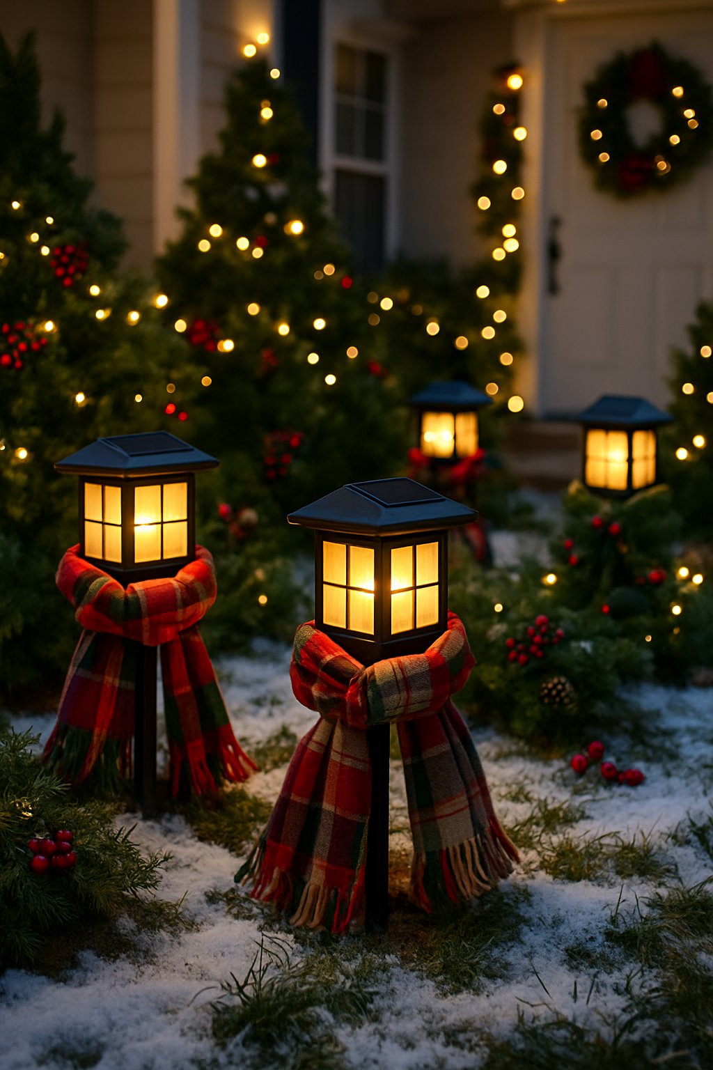 Front yard decorated for Christmas with solar-powered lanterns wrapped in plaid scarves glowing warmly among evergreen plants and snow.