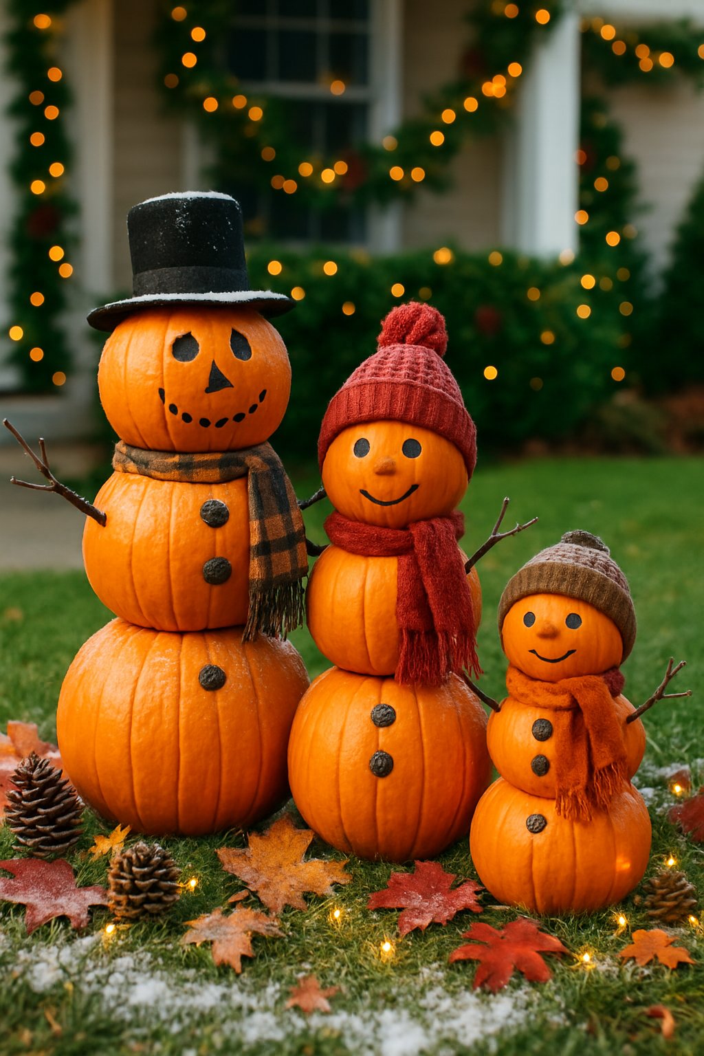 A front yard with a family of snowmen made from stacked pumpkins, decorated with scarves and hats, surrounded by autumn leaves and light snow.
