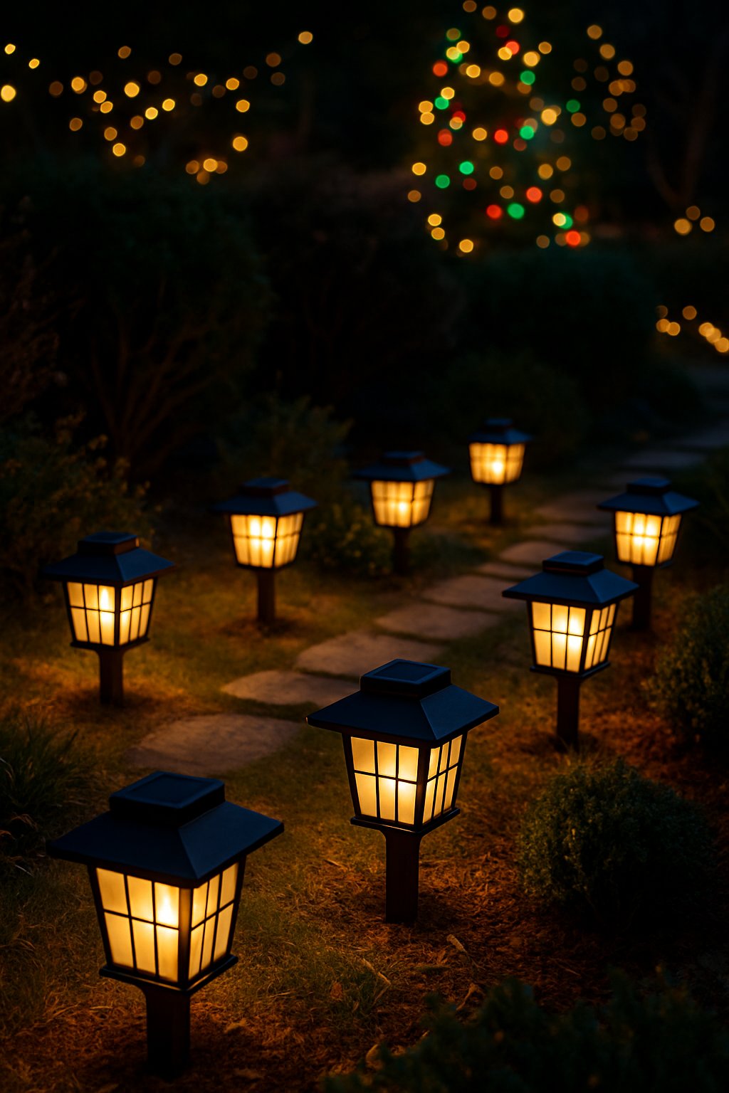 Outdoor scene at night with solar-powered lanterns glowing softly on the ground and Christmas lights decorating trees and bushes.