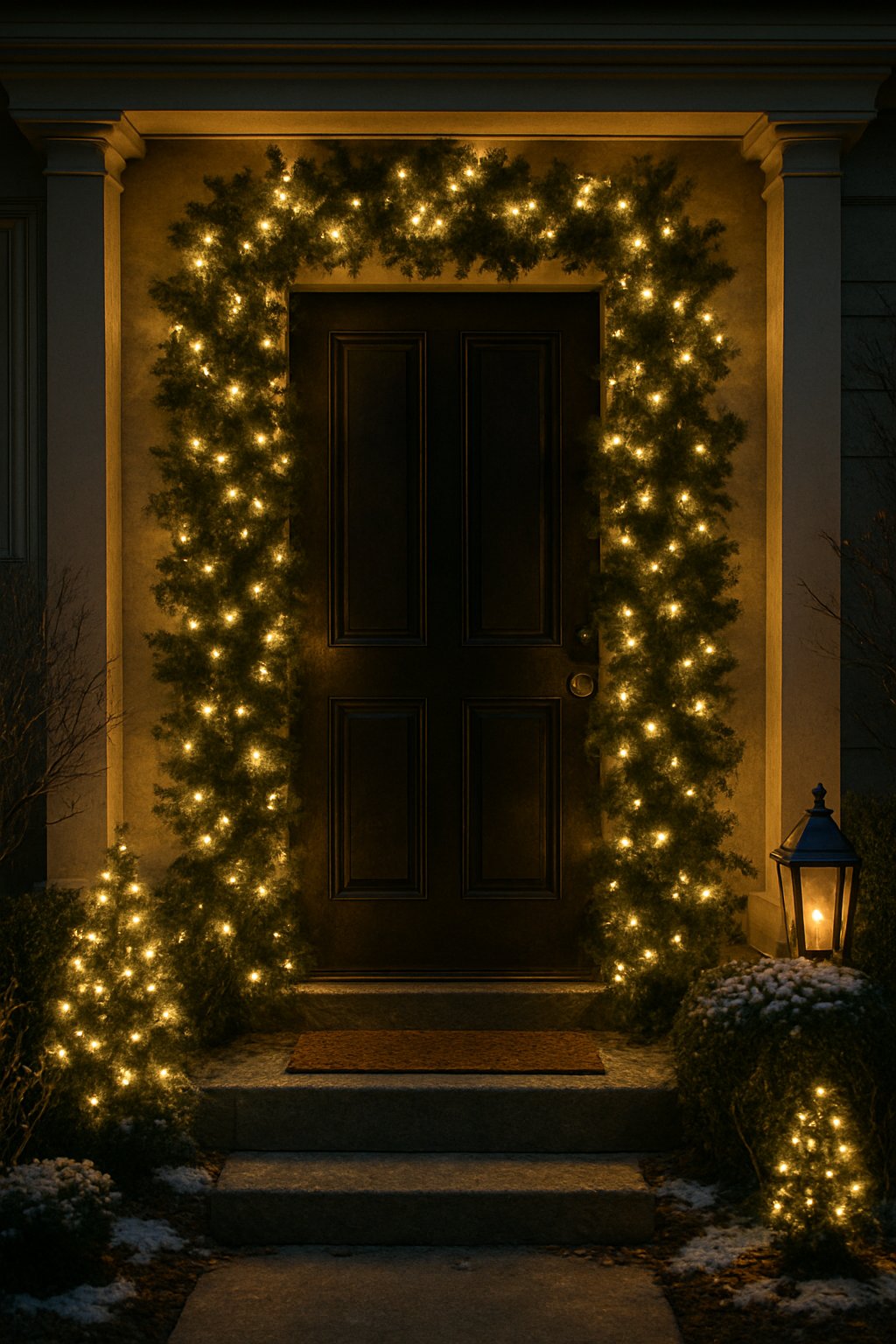 A front doorframe wrapped with a glowing lighted garland and subtle Christmas decorations in the front yard at dusk.