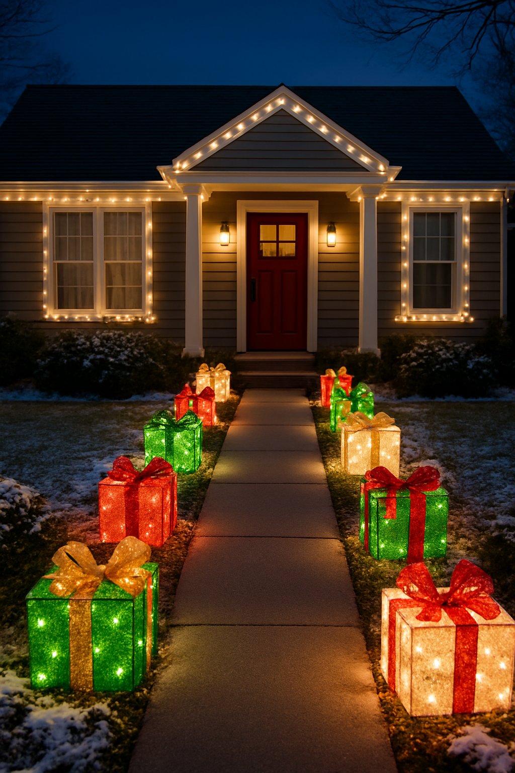 A pathway lined with gift-shaped lights leading to a house decorated with Christmas lights at dusk.