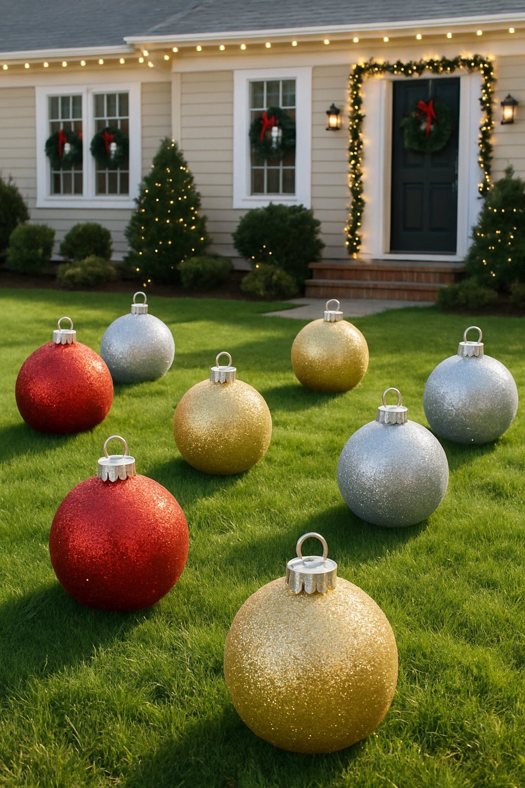 A front yard decorated with large glittery Christmas ornaments scattered on the grass in front of a house with holiday decorations.