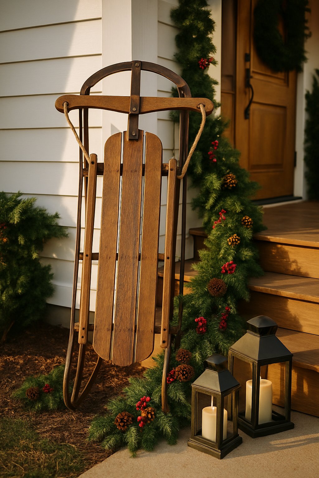 A vintage wooden sled leaning against a porch surrounded by Christmas decorations in a front yard without snow.