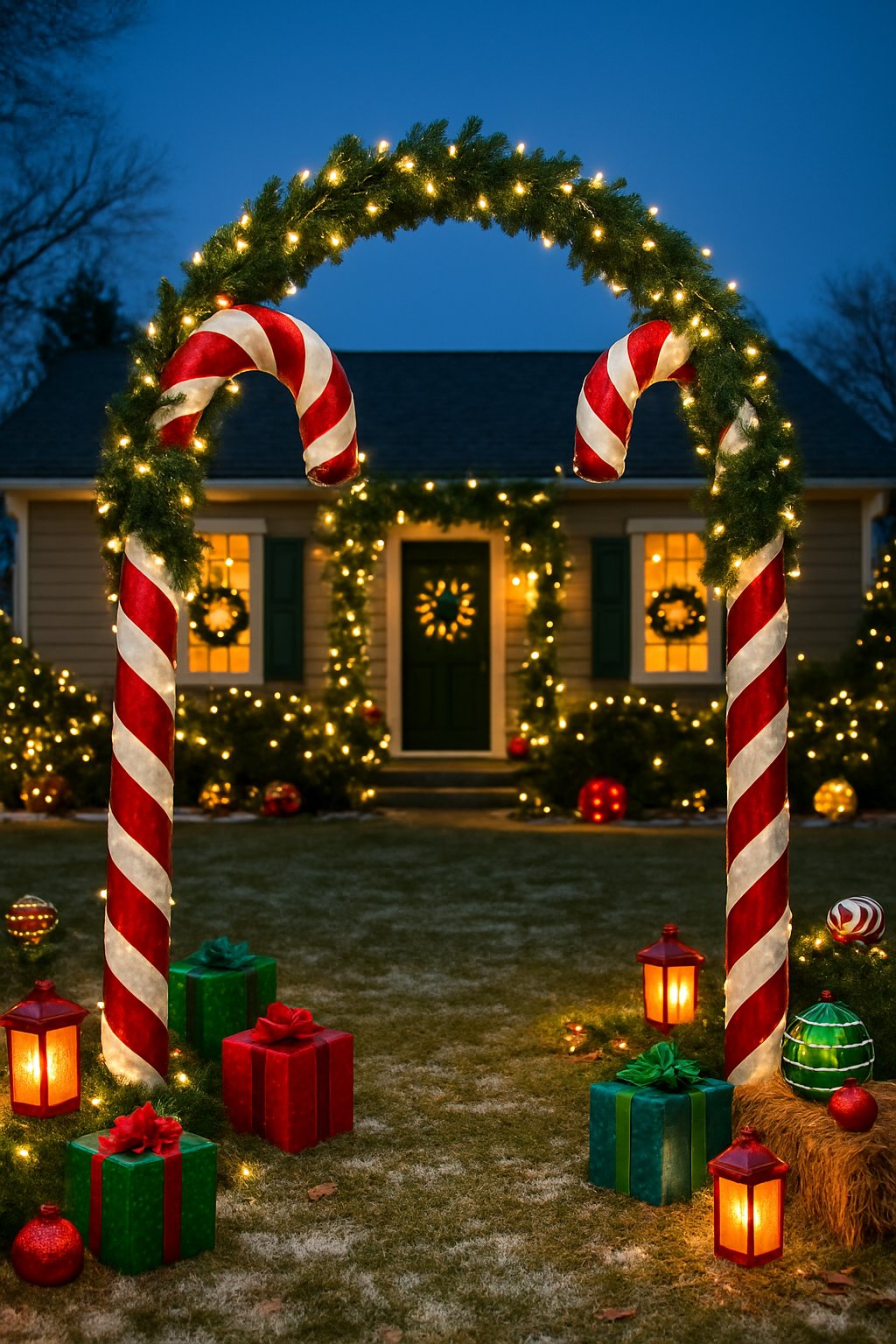 A front yard decorated with a large candy cane archway entrance surrounded by Christmas decorations and a house with glowing windows in the background.
