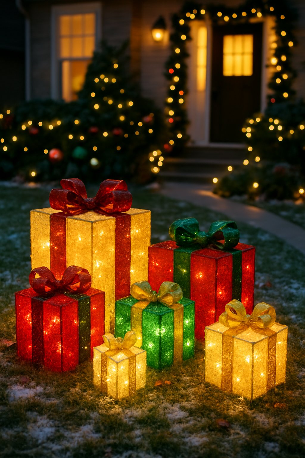 Front yard decorated with glowing wrapped gift boxes and Christmas lights on a lawn in front of a house.
