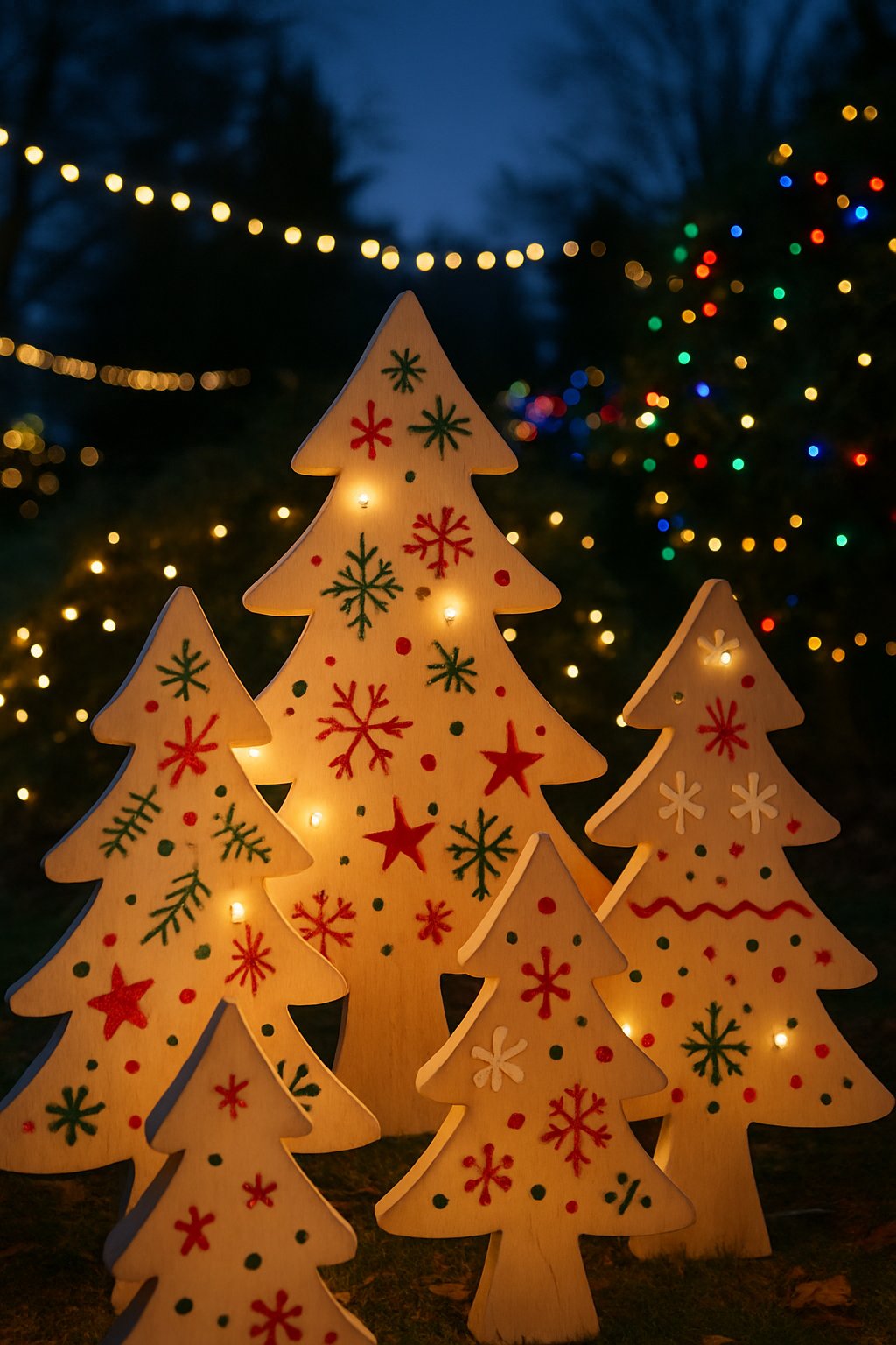 Light-up wooden Christmas trees with painted designs displayed outdoors, surrounded by glowing Christmas lights.