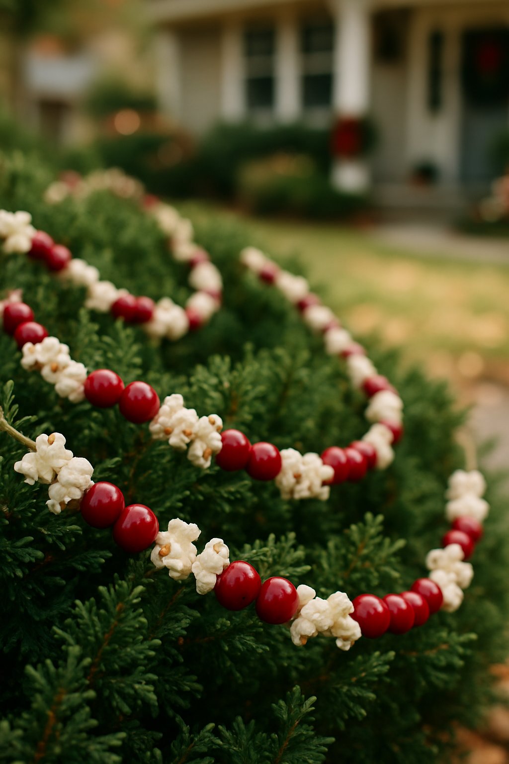 Close-up of popcorn and cranberries strung on twine hanging on green bushes in a front yard decorated for Christmas.