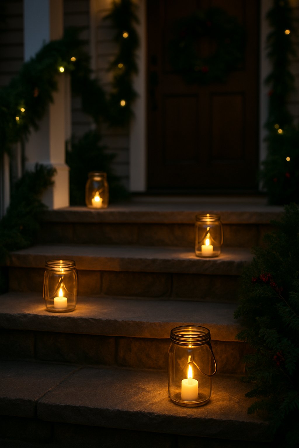 Glowing lanterns inside mason jars lined along outdoor steps in a front yard decorated for Christmas.