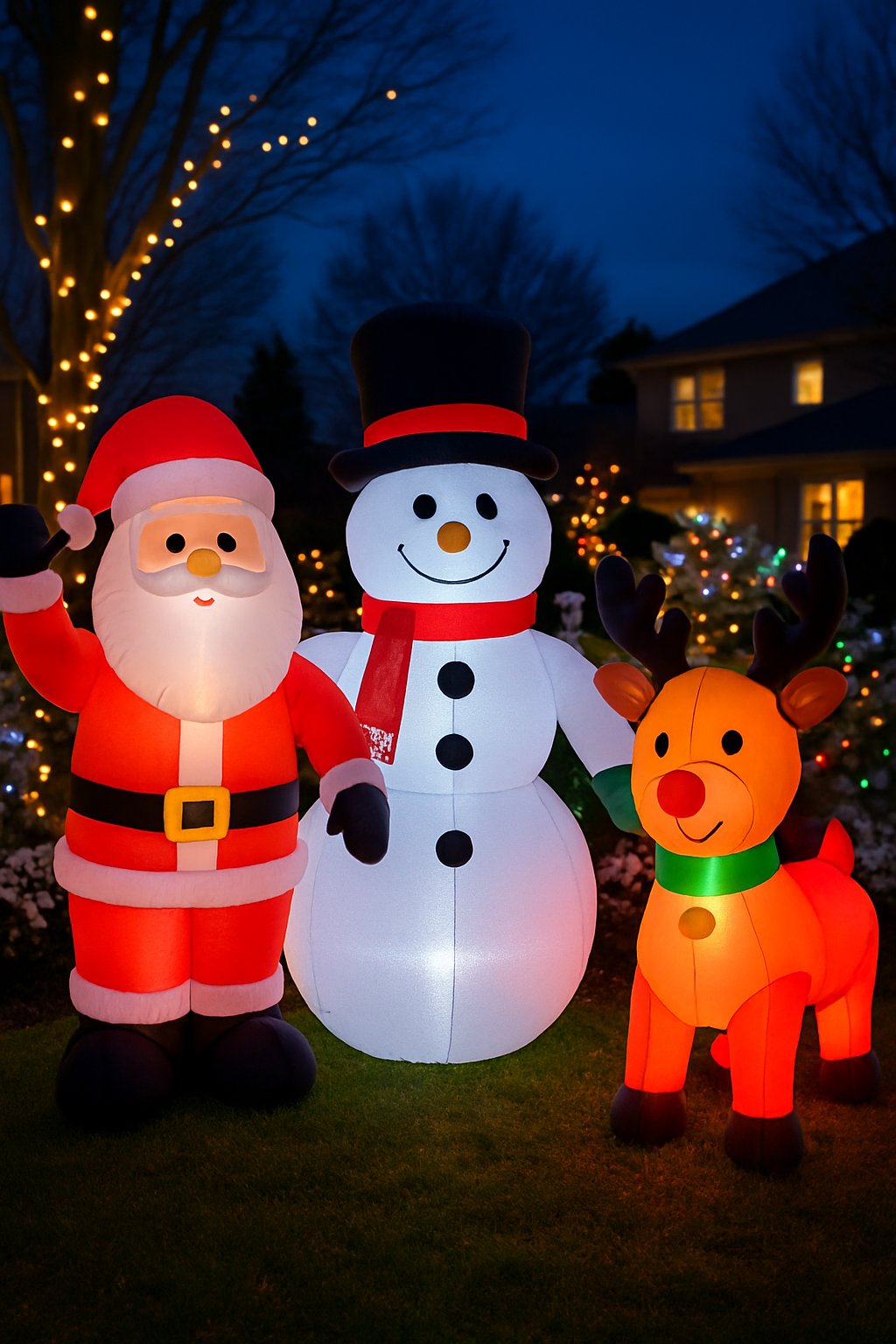 Inflatable holiday characters with internal LED lights glowing outdoors on a lawn with Christmas decorations at dusk.