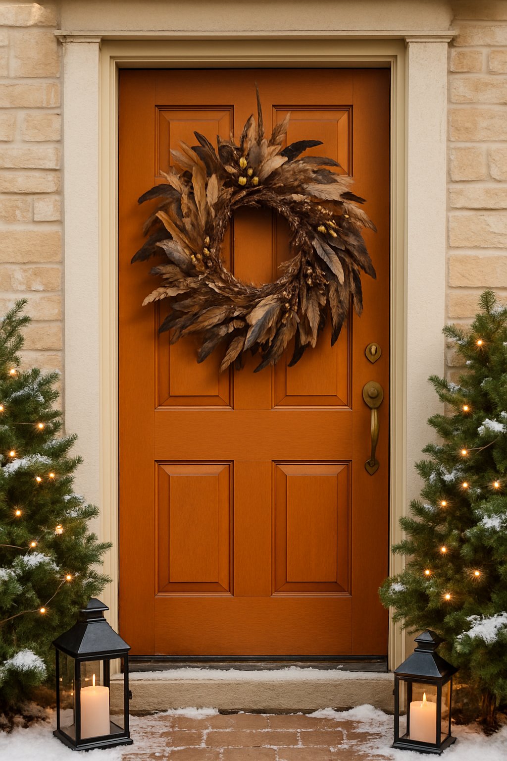 Front door decorated with a wreath made of feathers and woodland elements, surrounded by subtle Christmas decorations in a front yard.