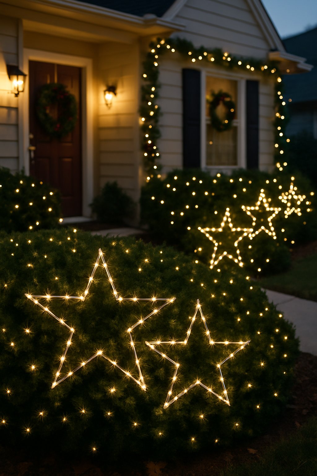 Front yard shrubs decorated with white twinkle lights shaped like stars for Christmas.