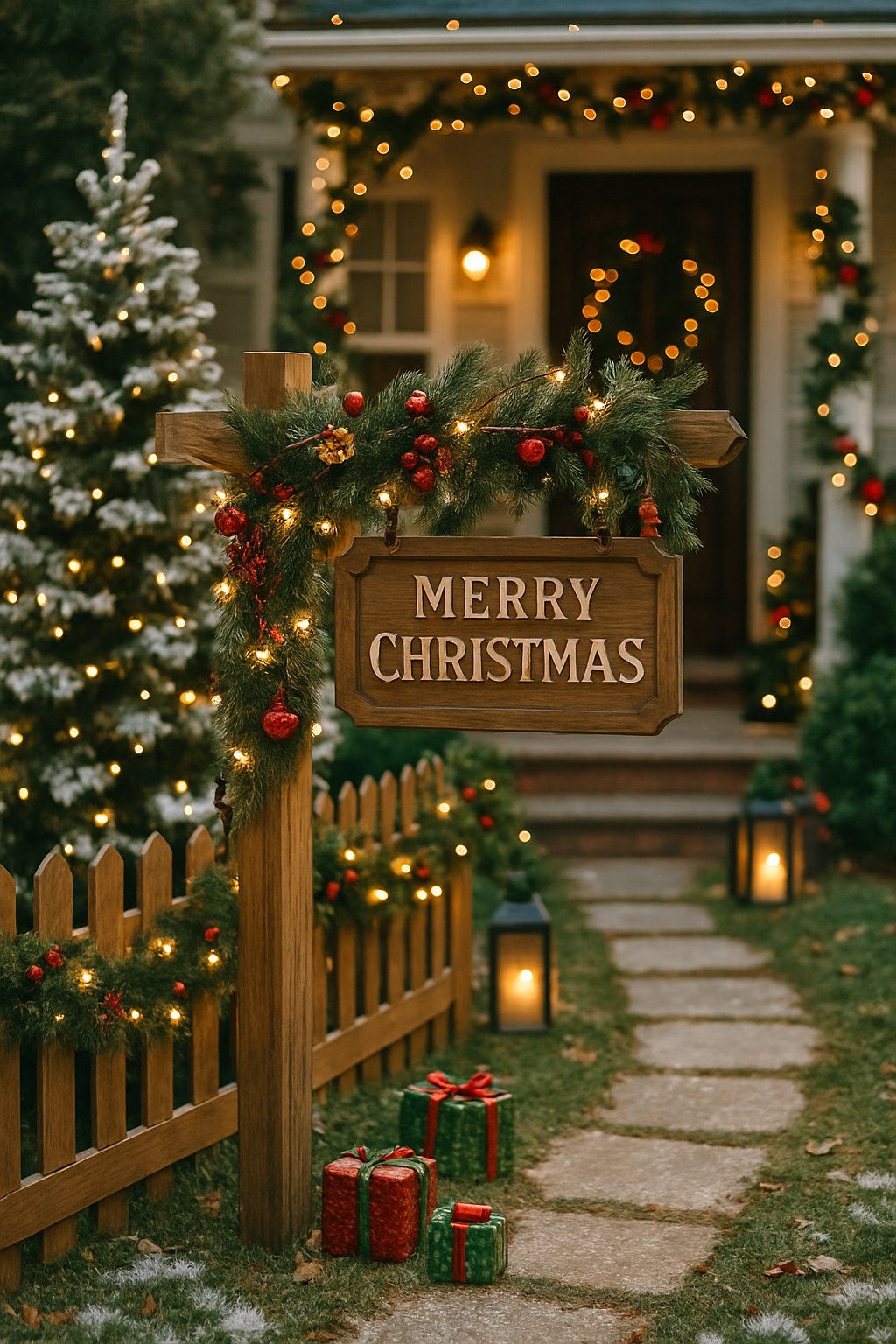A front yard decorated for Christmas with a rustic wooden sign hanging on a post surrounded by festive holiday decorations including pine garlands, string lights, and a snow-dusted evergreen tree.