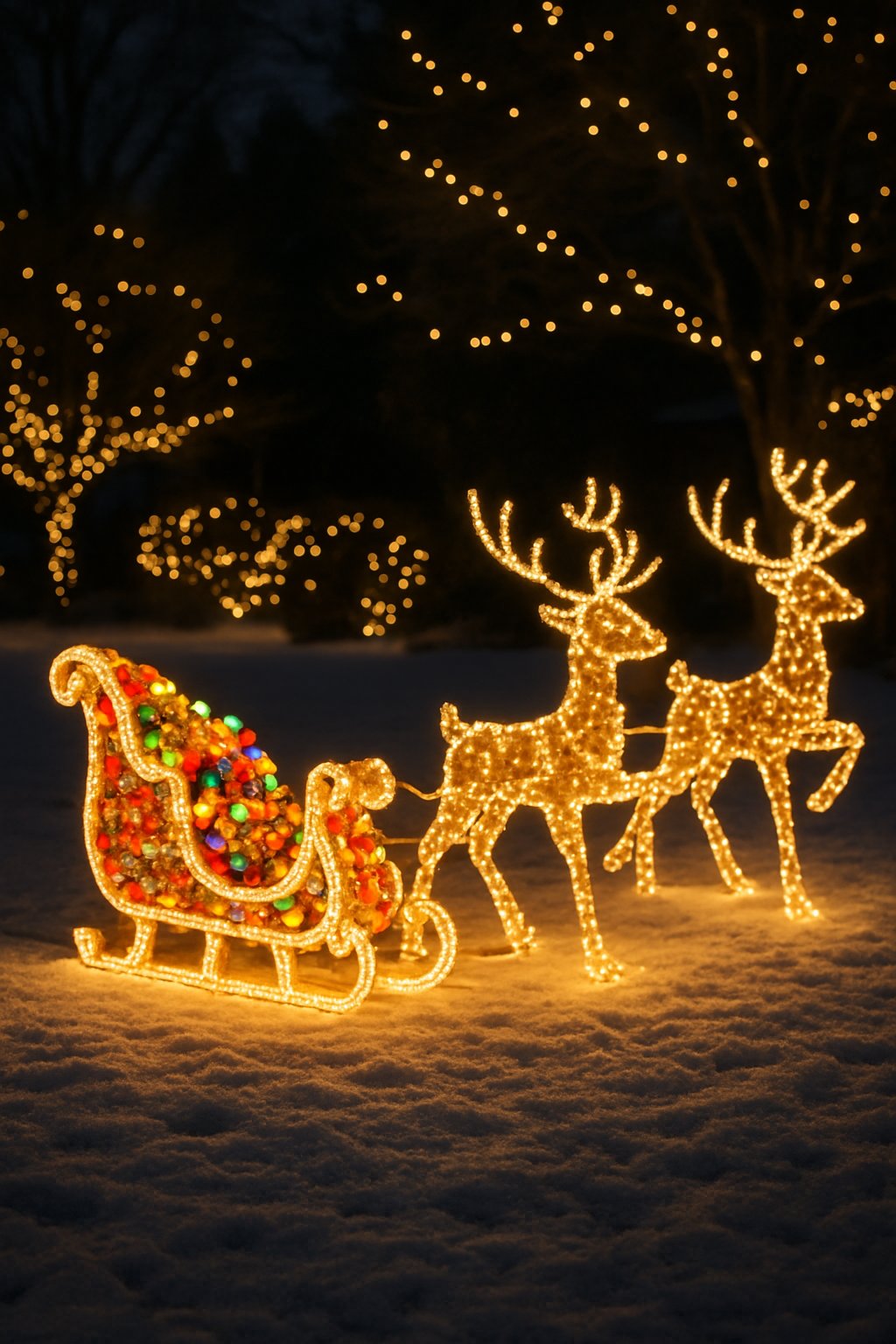 Outdoor Christmas scene with illuminated sleigh and reindeer light silhouettes surrounded by glowing holiday lights.