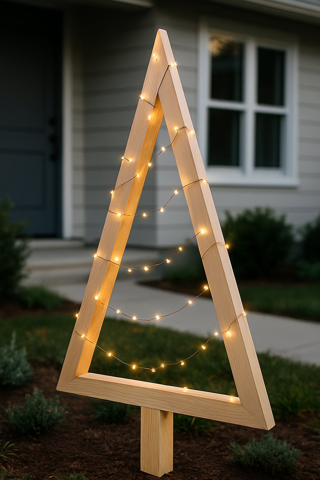 A wooden Christmas tree with small lights standing in a front yard near a modern house during early evening.