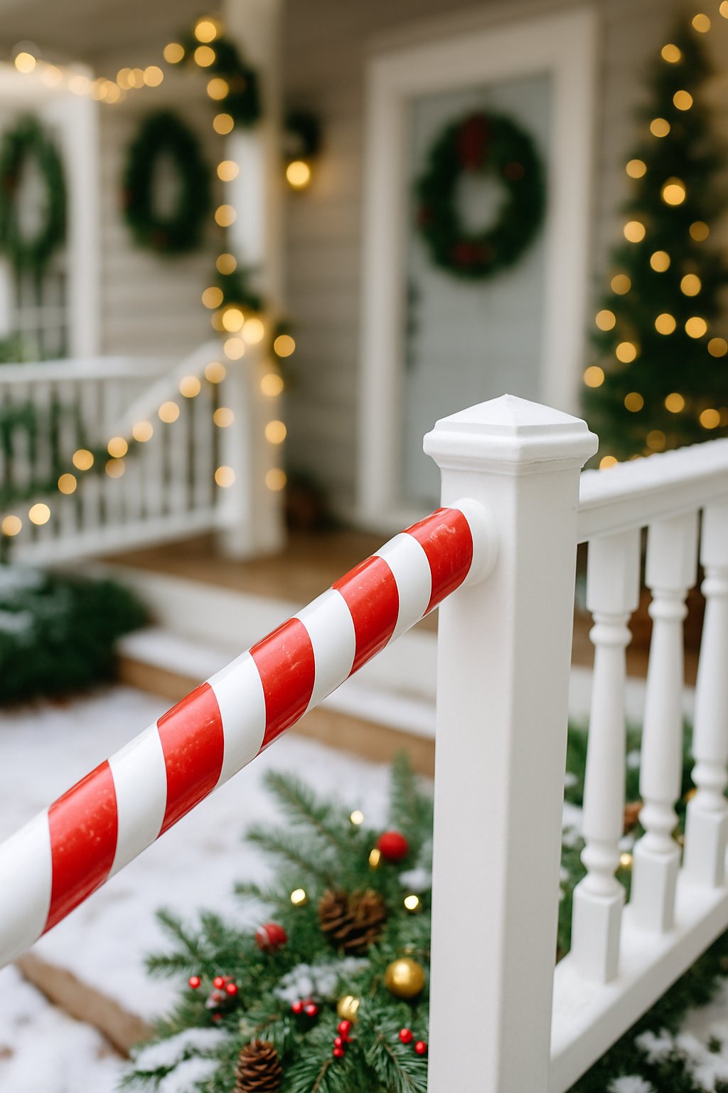 Front porch railing wrapped in red and white candy cane-striped tape with Christmas decorations in the background.