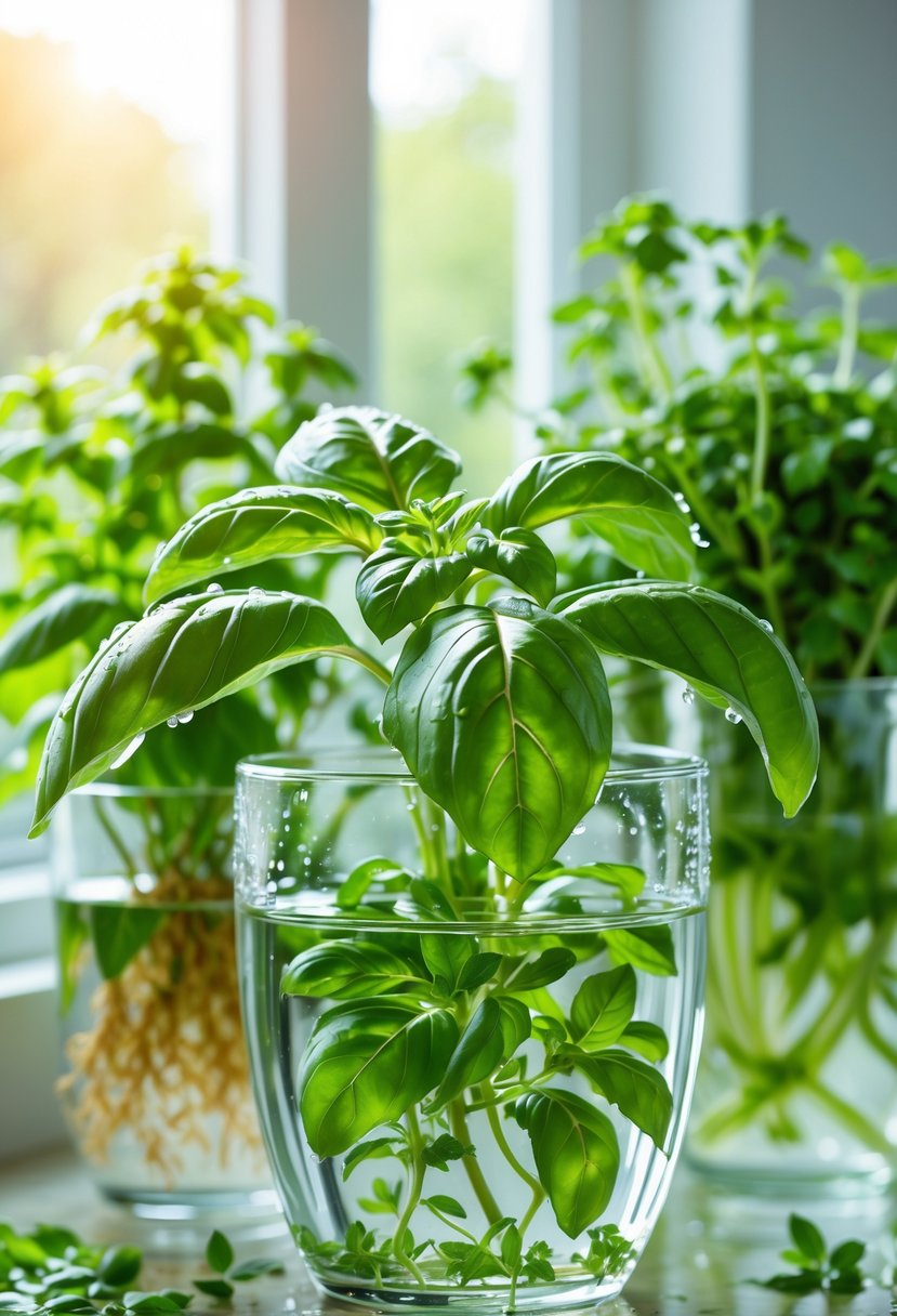 A vibrant basil plant growing indoors in a glass container of water, surrounded by other green herbs in a bright kitchen setting.