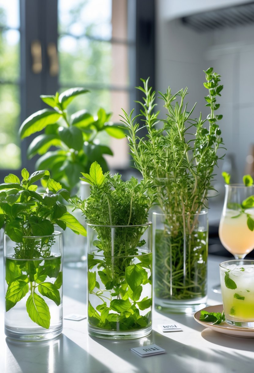 A kitchen countertop with various fresh green herbs growing in glass containers filled with water, alongside a mojito cocktail and a tea cup.